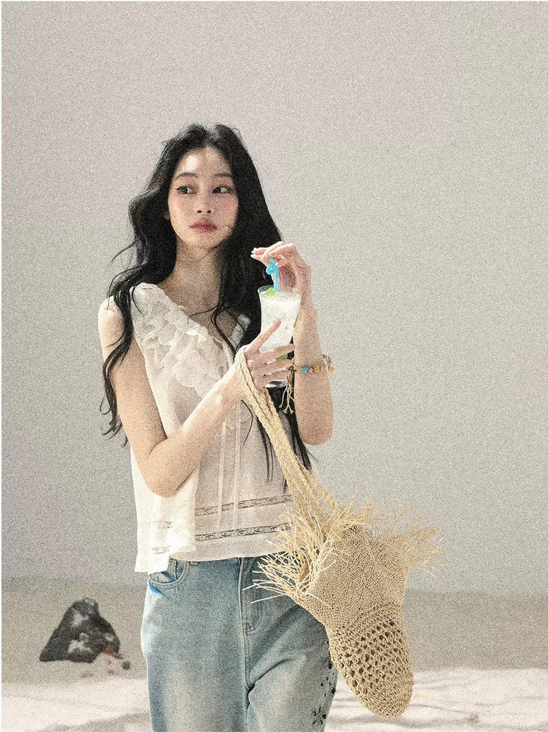Flowing Moonlight Lace Ruffle Short Blouse