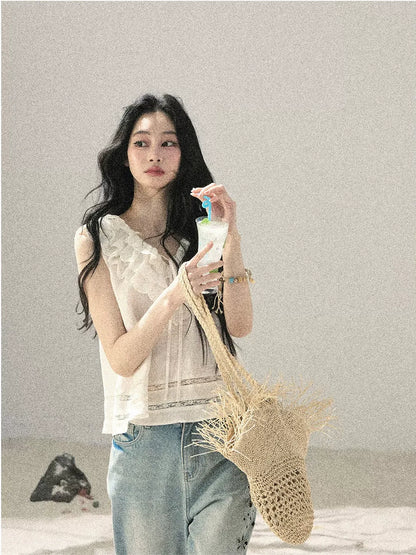 Flowing Moonlight Lace Ruffle Short Blouse