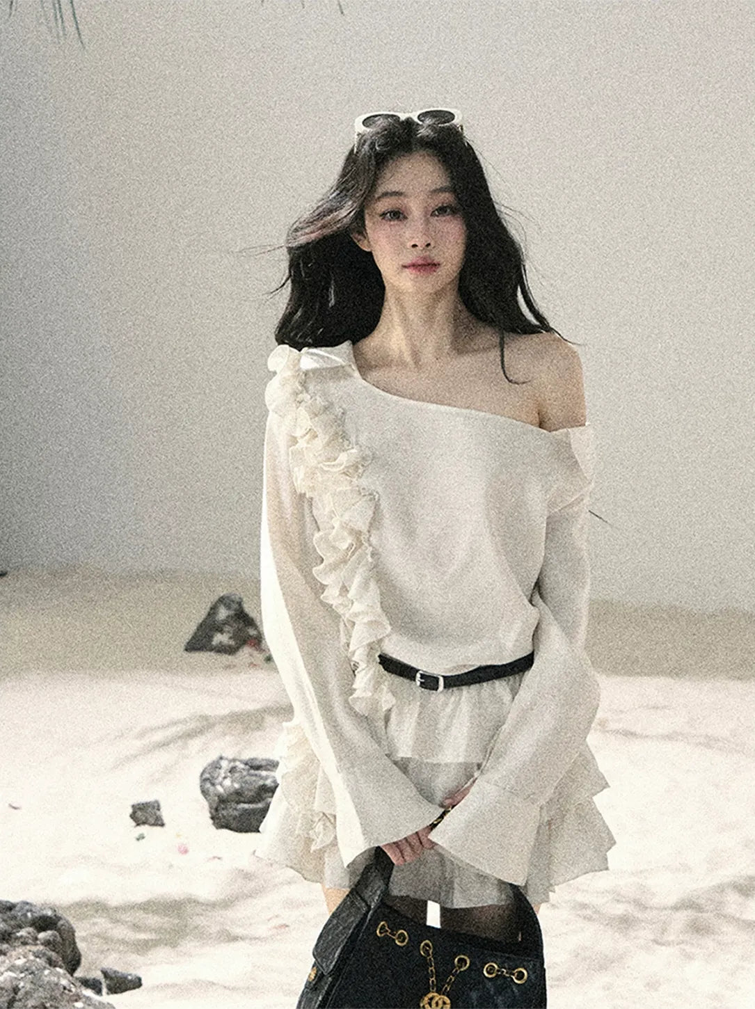 Linen Ruffle One-Shoulder Dress