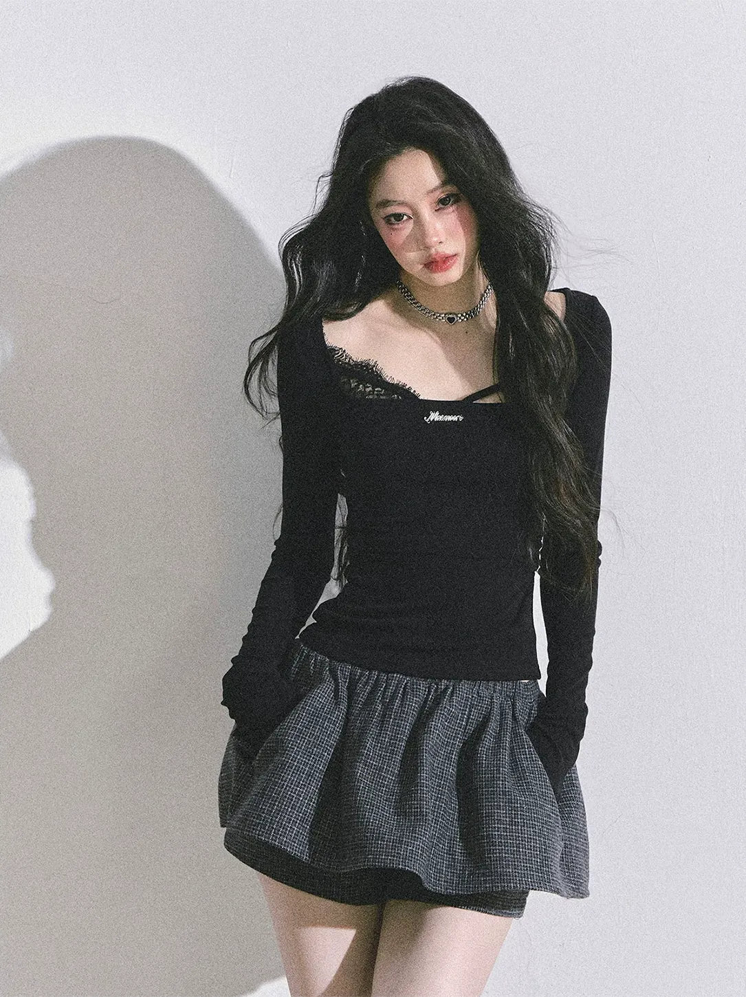Lace Panel Fitted Long-Sleeve Top