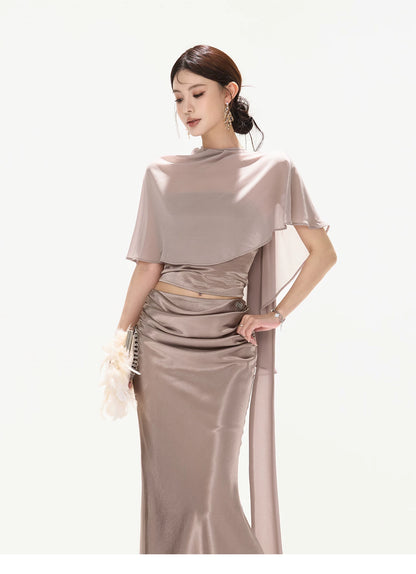 Elegant Asymmetric Chiffon Shawl Top with Built-in Bustier