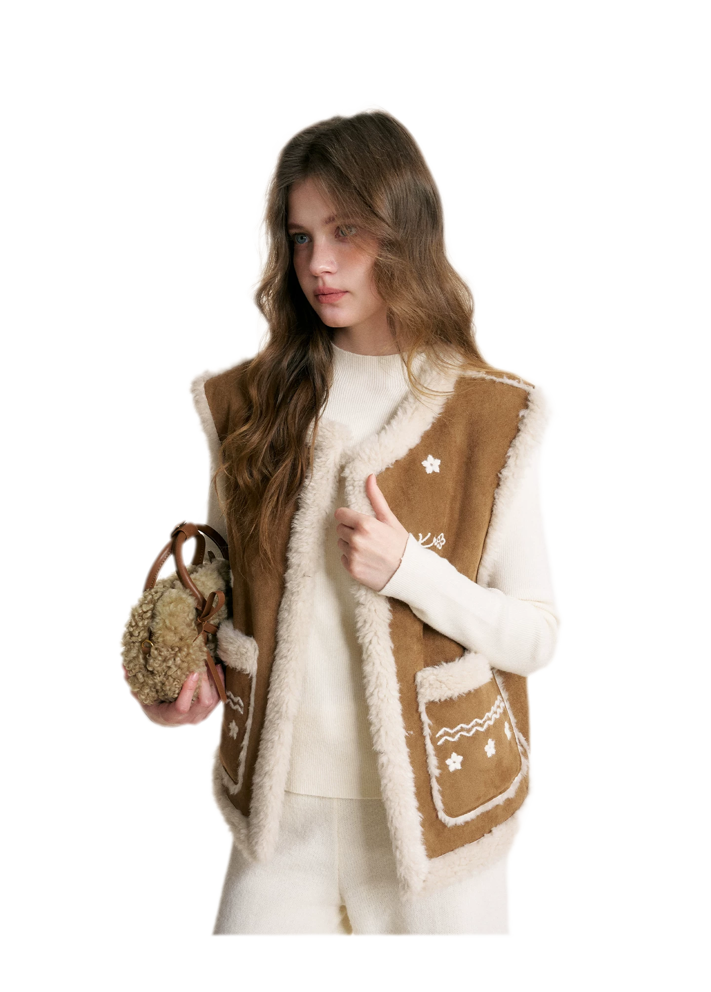 Shearling Floral Embroidered Vest
