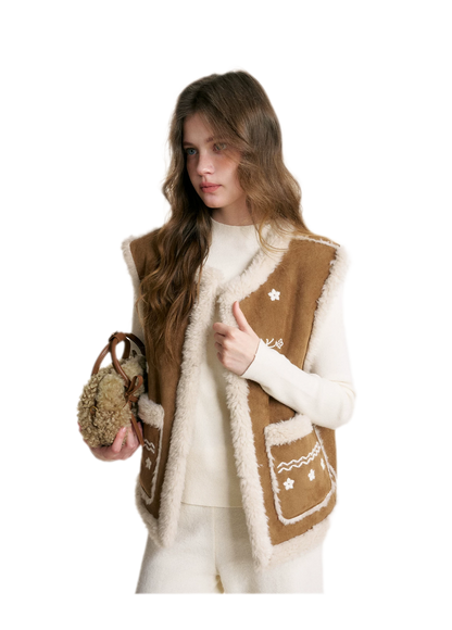 Shearling Floral Embroidered Vest