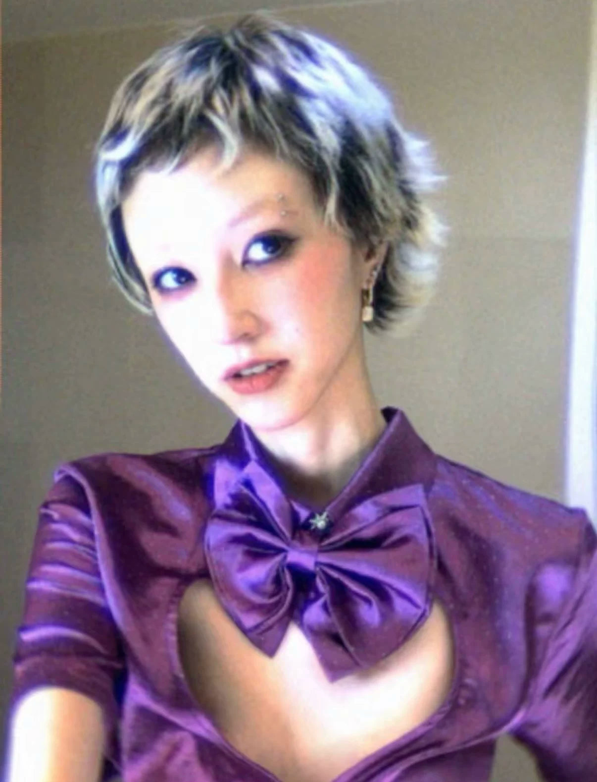 Glossy Purple Heart-Cutout Shirt