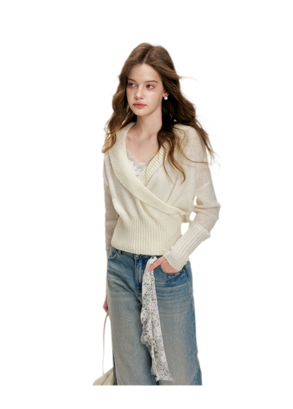 Lace-Trimmed Wide-Leg Denim Pants