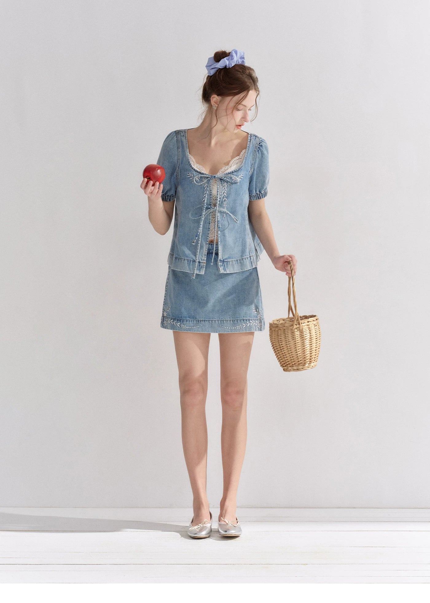 Floral Embroidered Tie Denim Top &amp; Skort Set