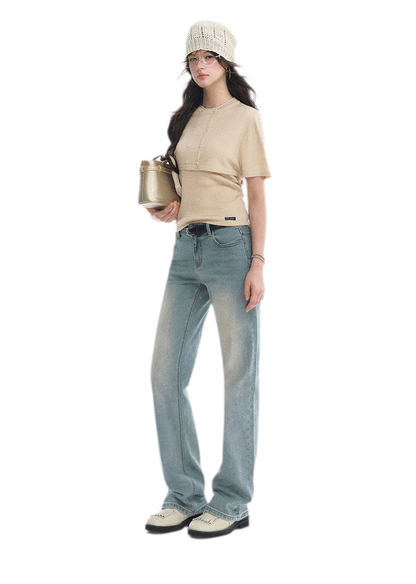 Washed Bow Embroidery Jeans