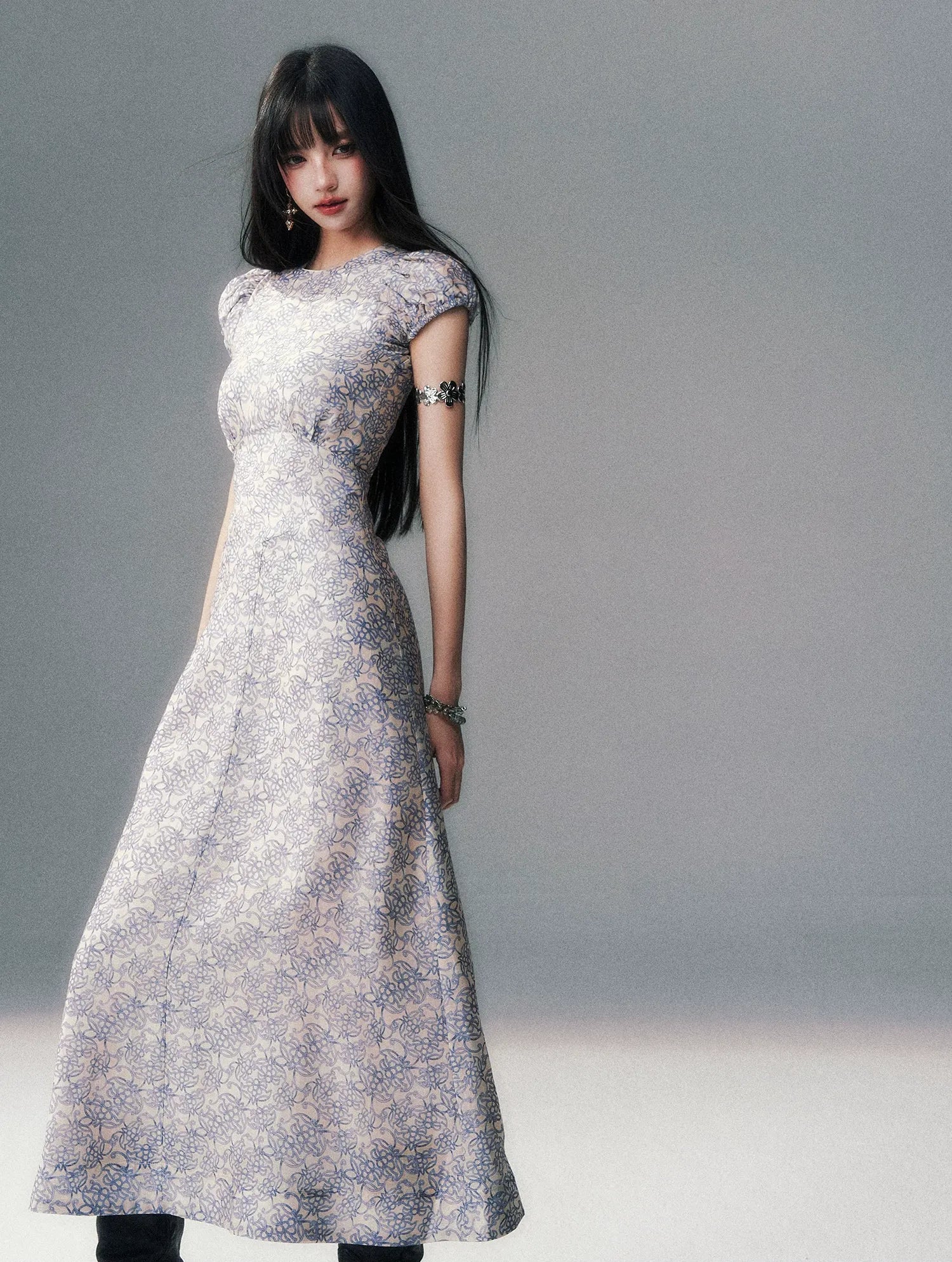 Fog Blue Floral Maxi Dress