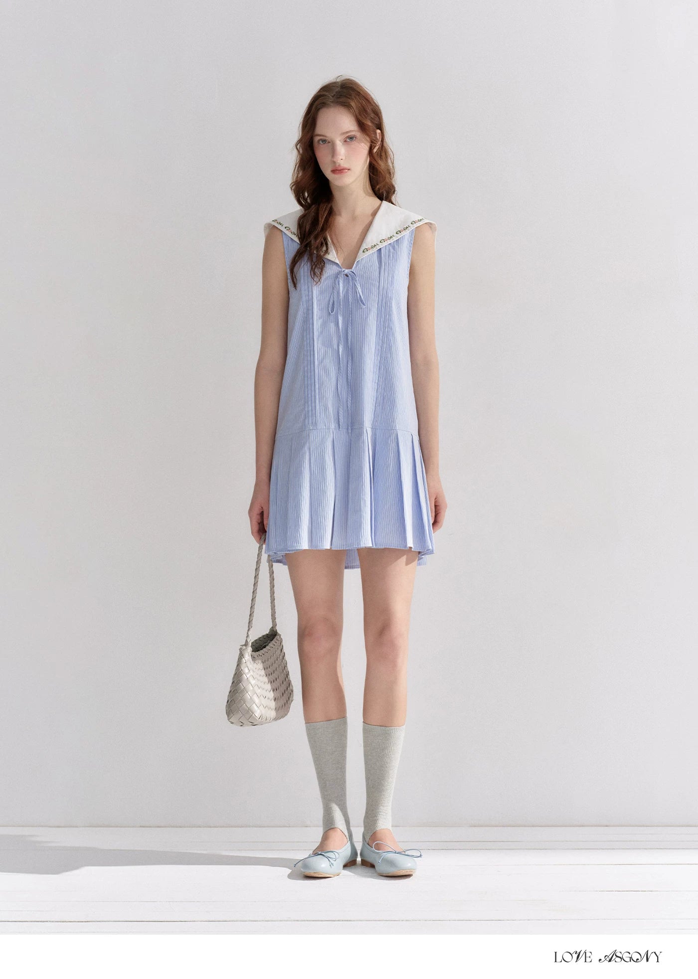 Embroidered Blue Striped Sailor Collar Pleated Dress