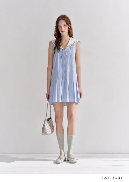 Embroidered Blue Striped Sailor Collar Pleated Dress