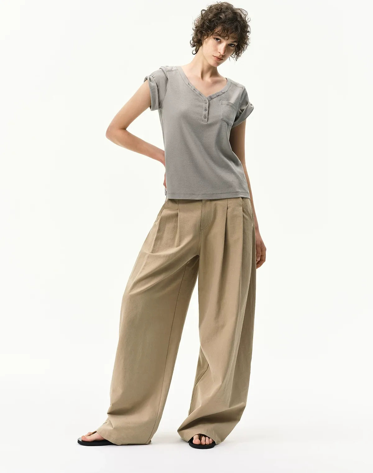 Curved Linen-Blend Pants