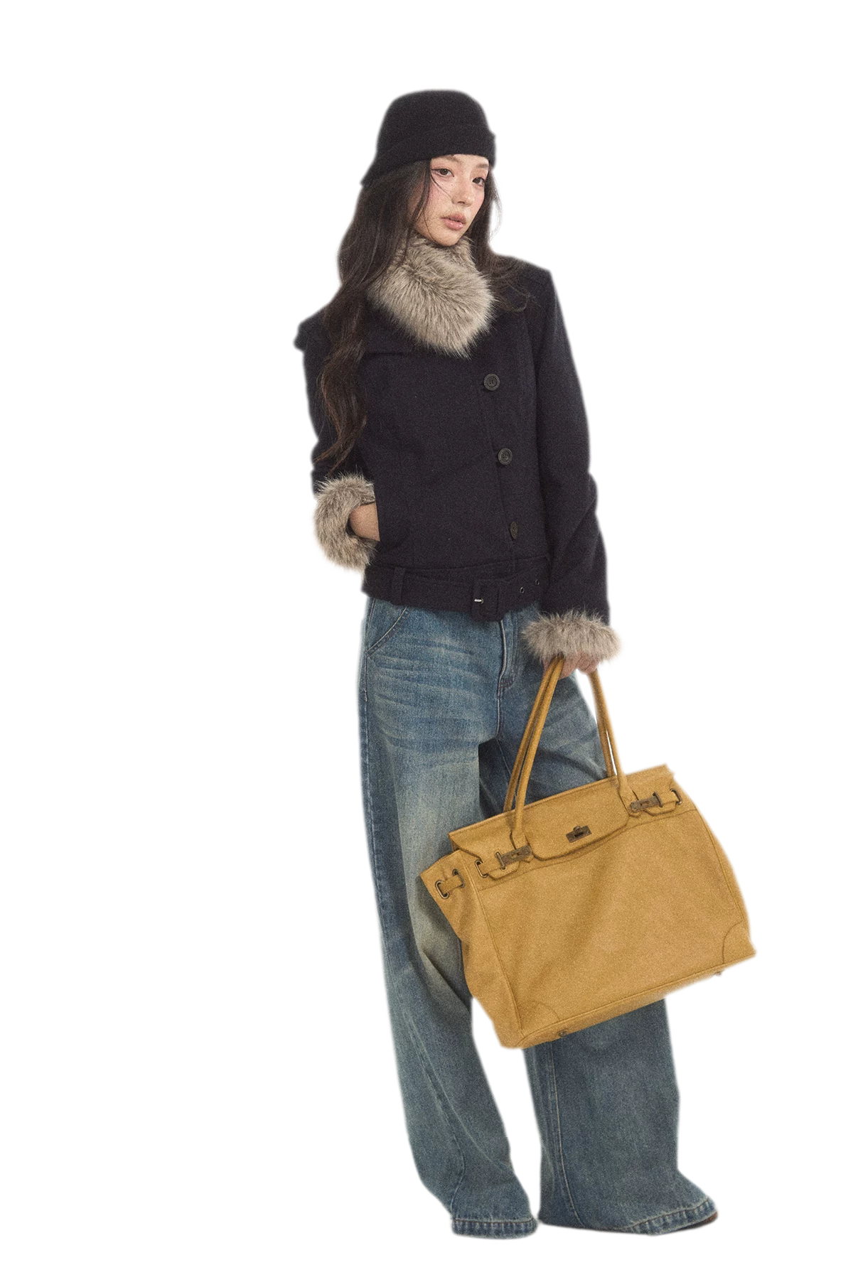 Detachable Fur Collar Twill Coat