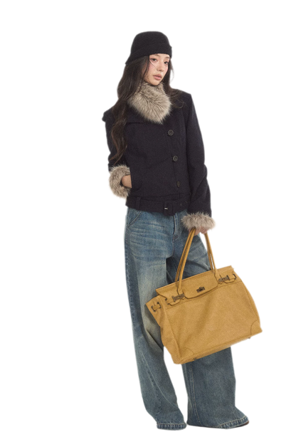 Detachable Fur Collar Twill Coat