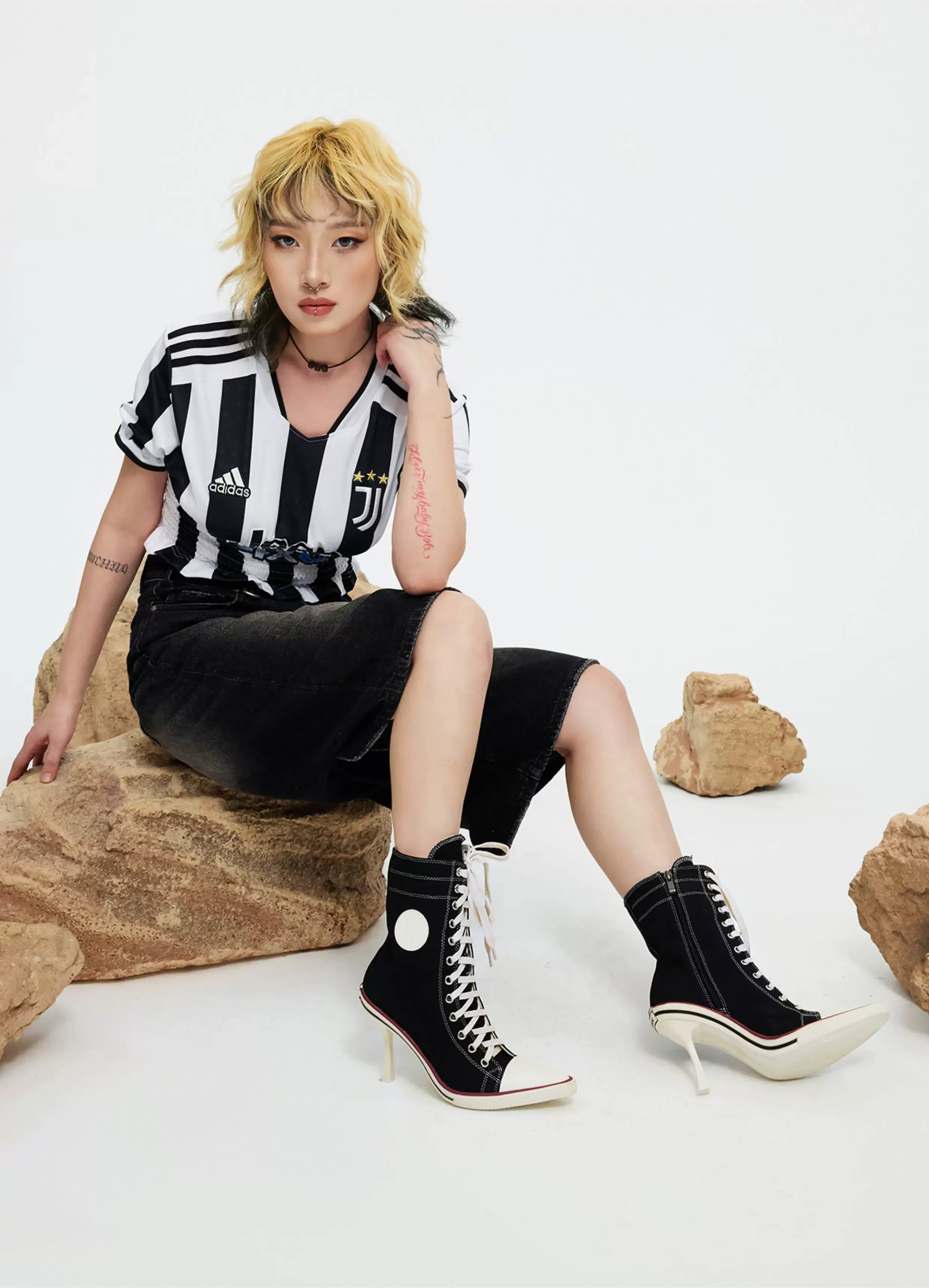 Canvas Lace-Up High-Heel Boots