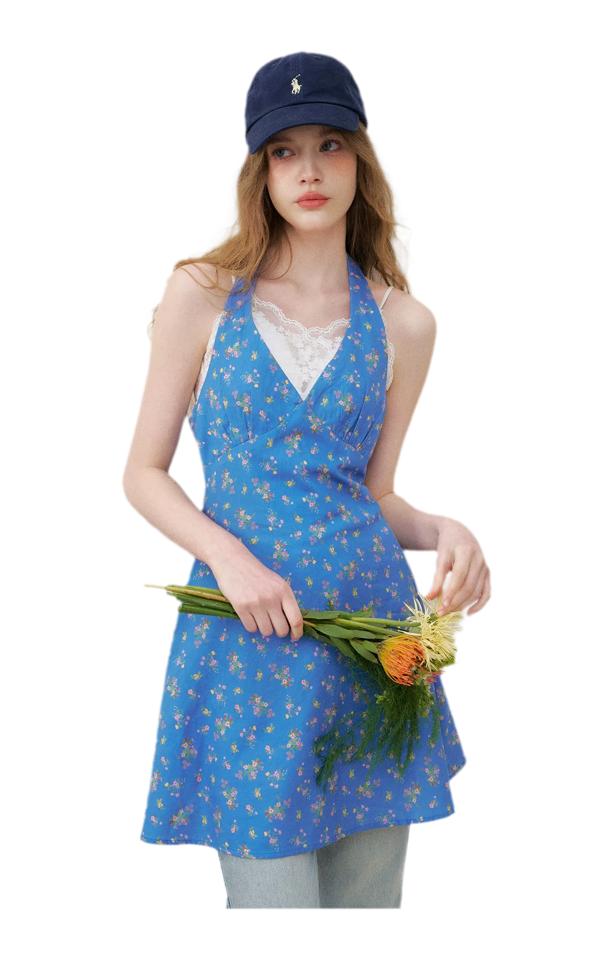Romantic French Halter V-neck Floral Dress