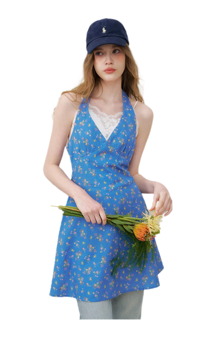 Romantic French Halter V-neck Floral Dress