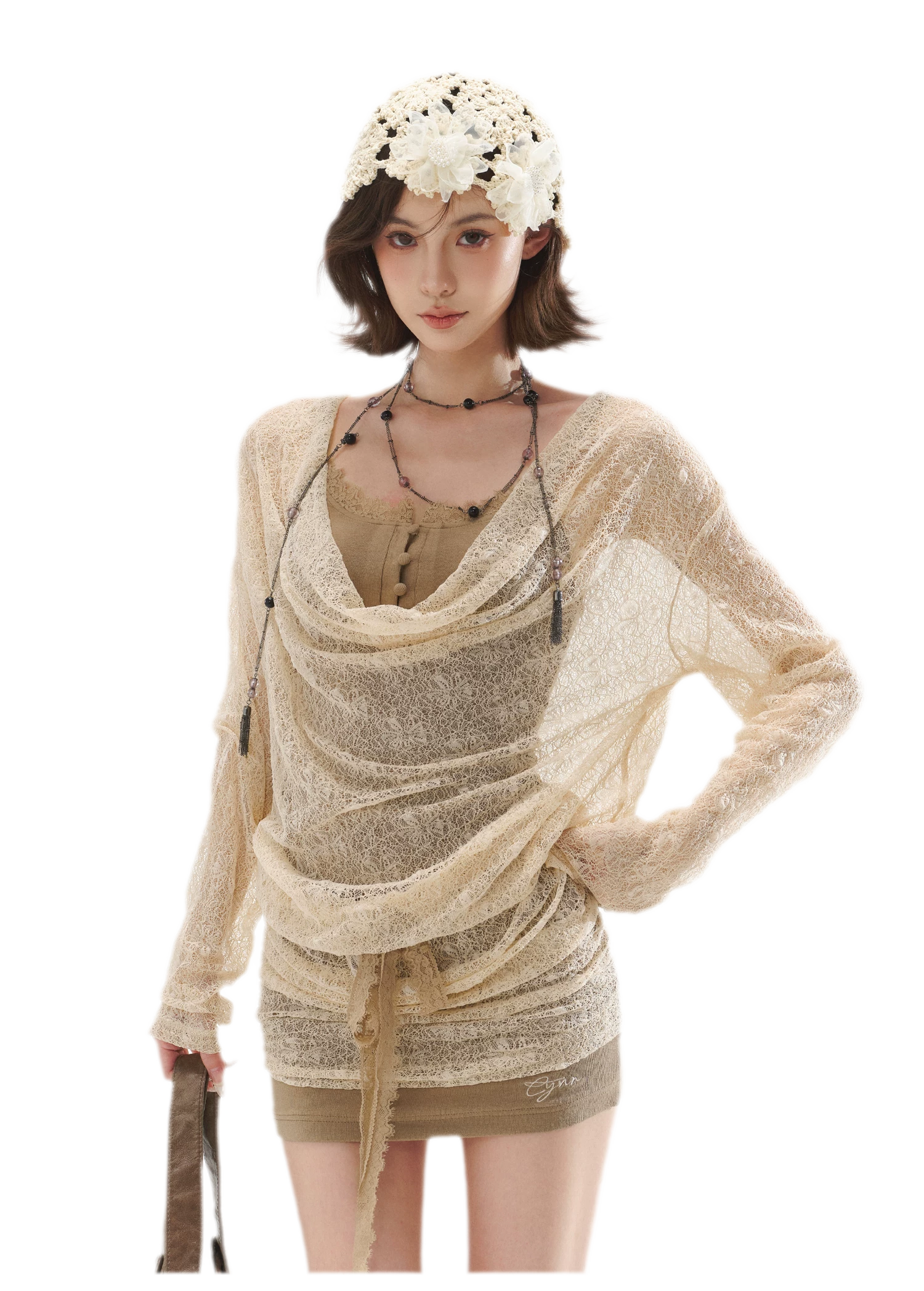 Draped Lace Faux-Two-Piece Dress