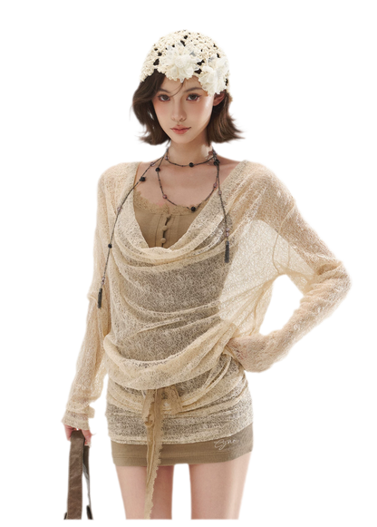 Draped Lace Faux-Two-Piece Dress