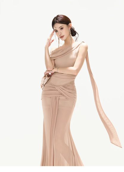 Asymmetric Off-Shoulder Mesh Long Dress