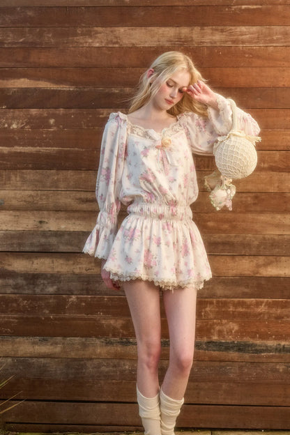 Floral Lace Puff-Sleeve Dress Set