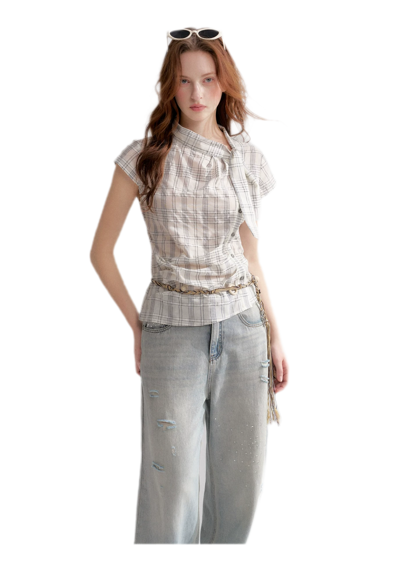 Lyocell Plaid Tie Shirt