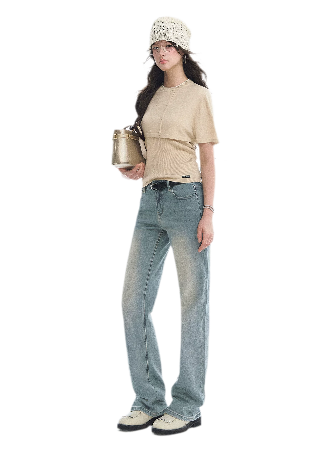 Washed Bow Embroidery Jeans