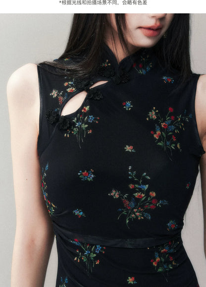 Dark Floral Mesh Qipao Dress