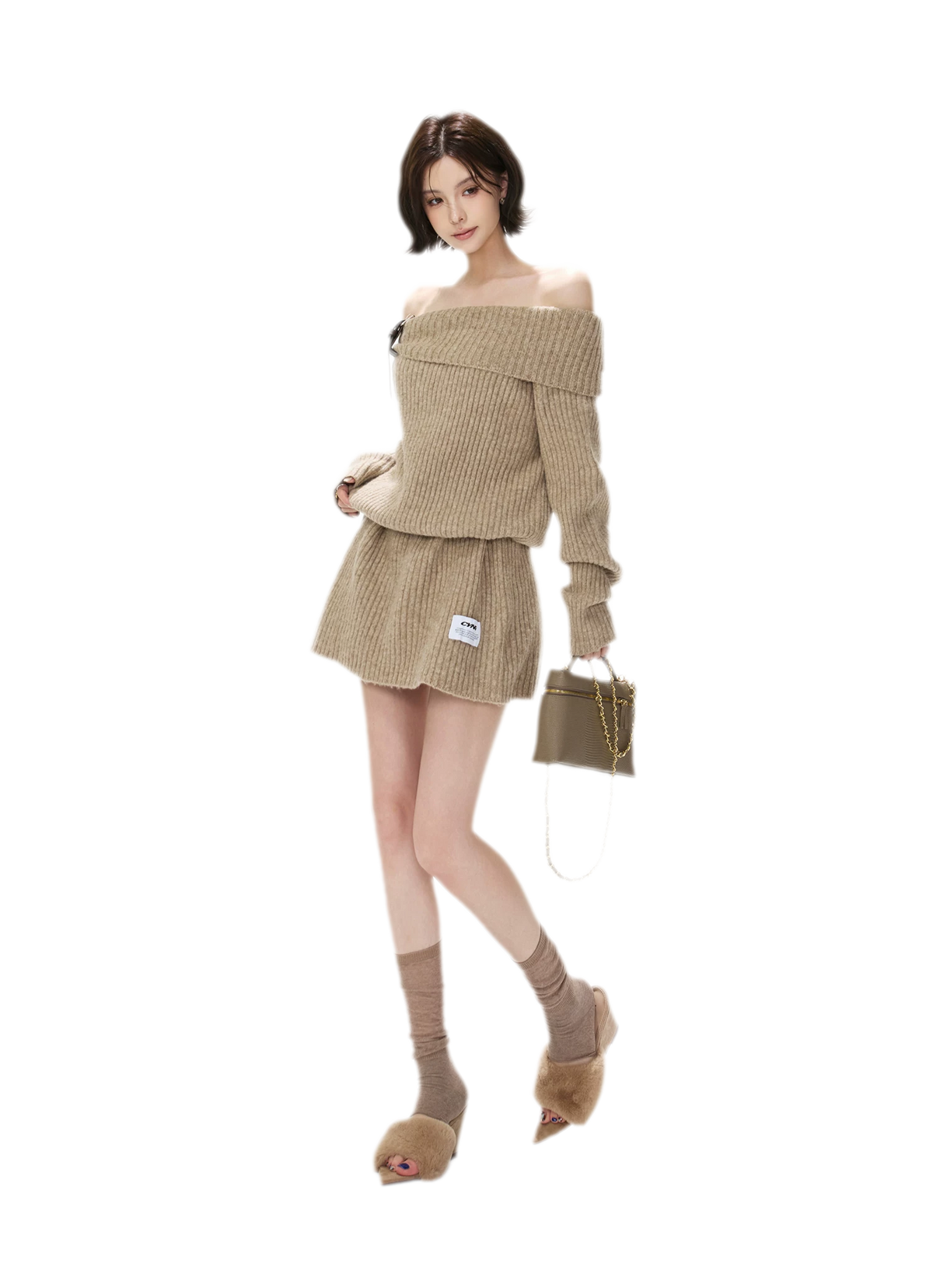 Aufgerautes geripptes One-Shoulder-Strickkleid