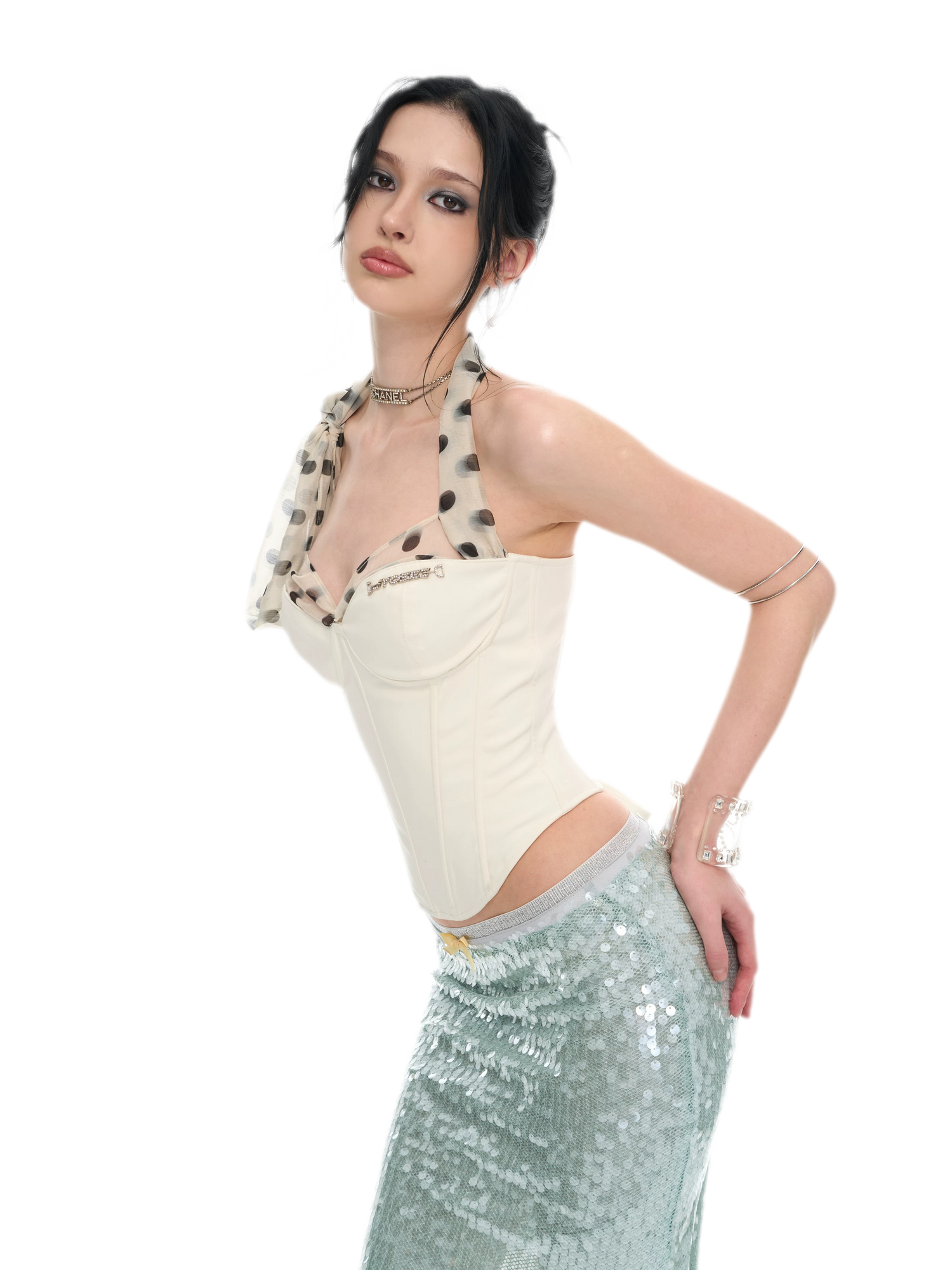 White Polka Dot Chiffon Corset