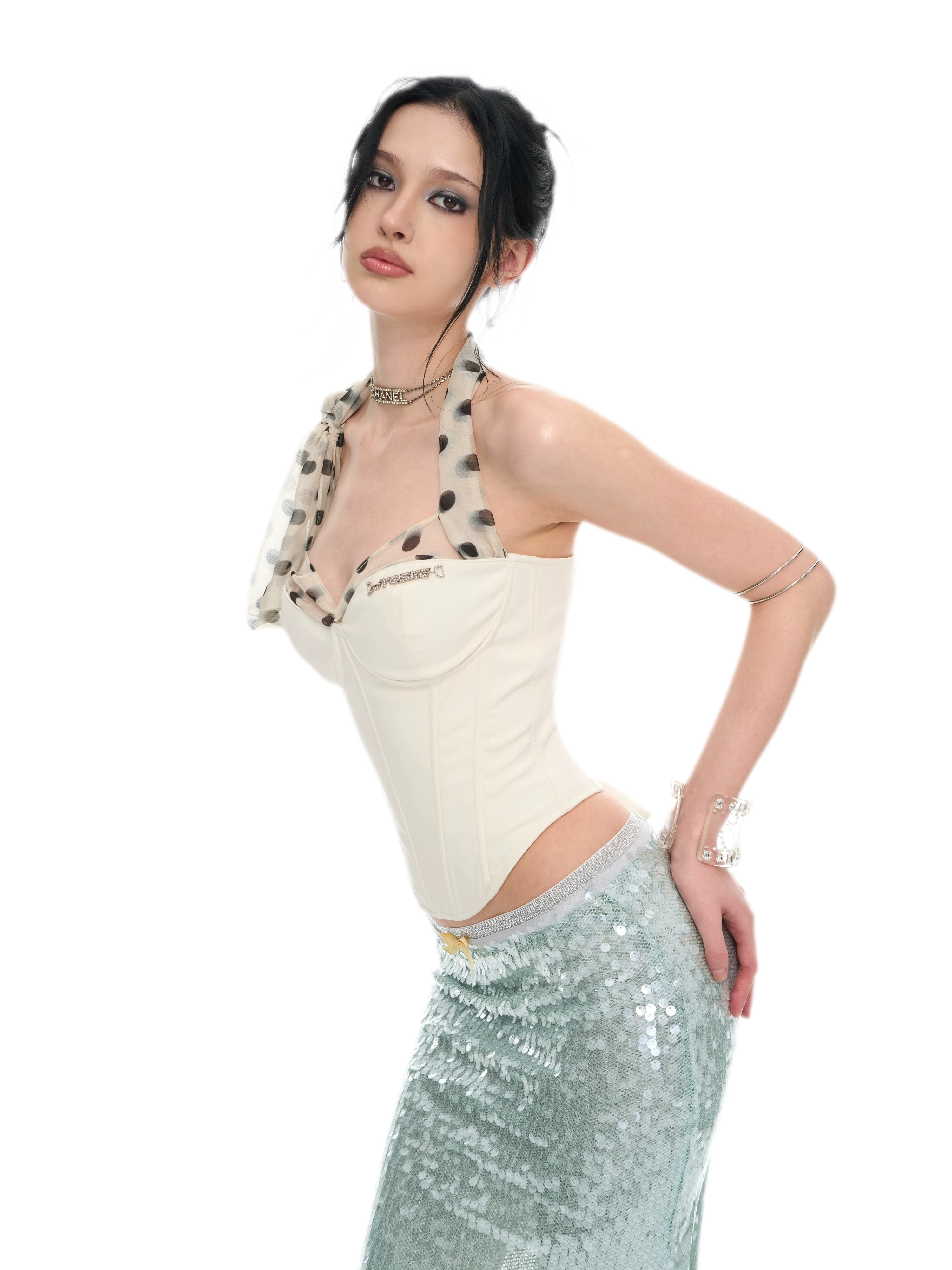 White Polka Dot Chiffon Corset