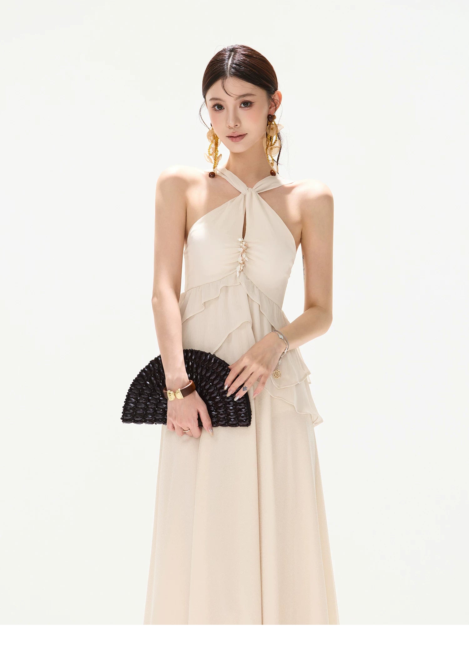 Flowing Halter Rhinestone Chiffon Long Dress