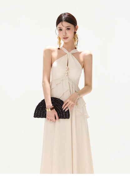Flowing Halter Rhinestone Chiffon Long Dress