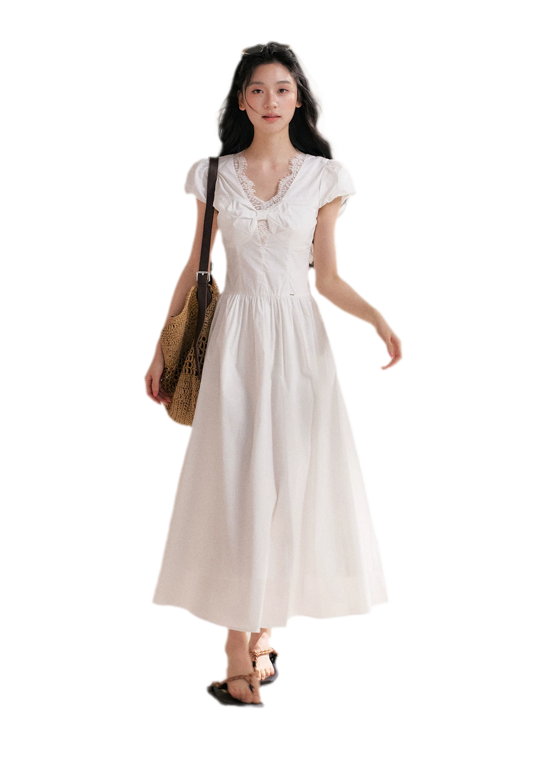 Knot Design French Lace Puff Sleeve A-Line Dress