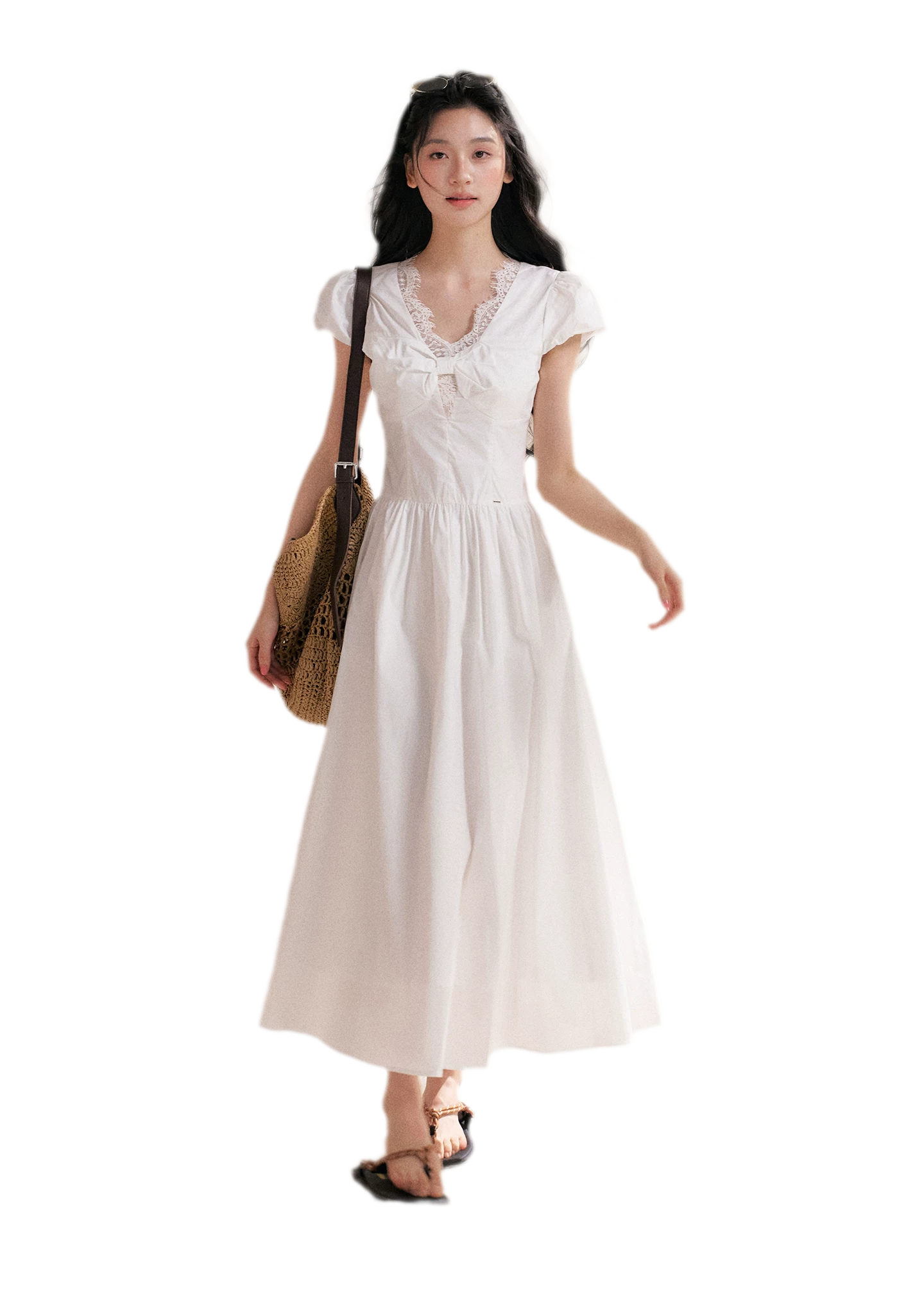 Knot Design French Lace Puff Sleeve A-Line Dress