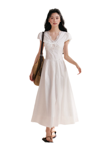 Knot Design French Lace Puff Sleeve A-Line Dress