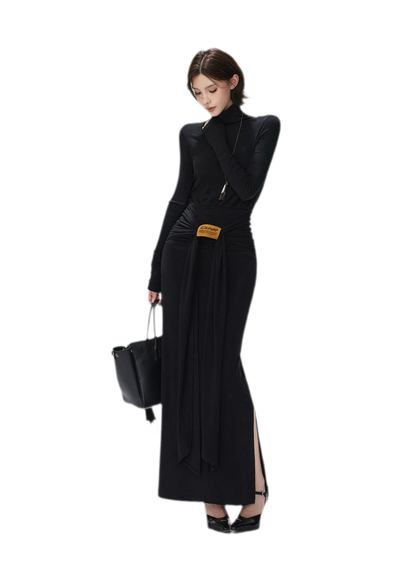 Turtleneck Ruched Waist Knit Dress