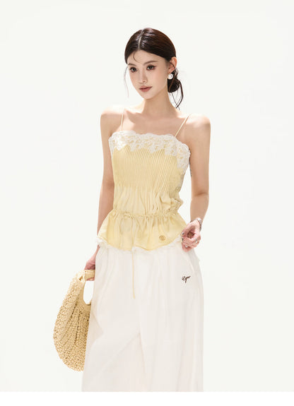 South France Holiday Lace Trim Waist-Cinched Camisole