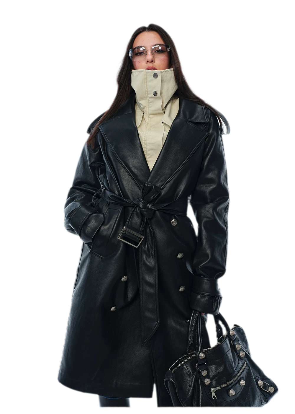 PU Leather Belted Trench Coat