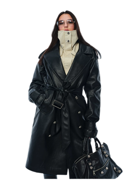 PU Leather Belted Trench Coat