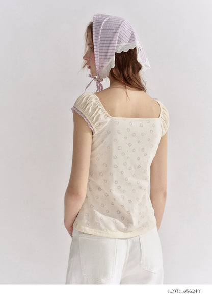 Two-Layer Floral Cutout Contrast Tie-Front Blouse
