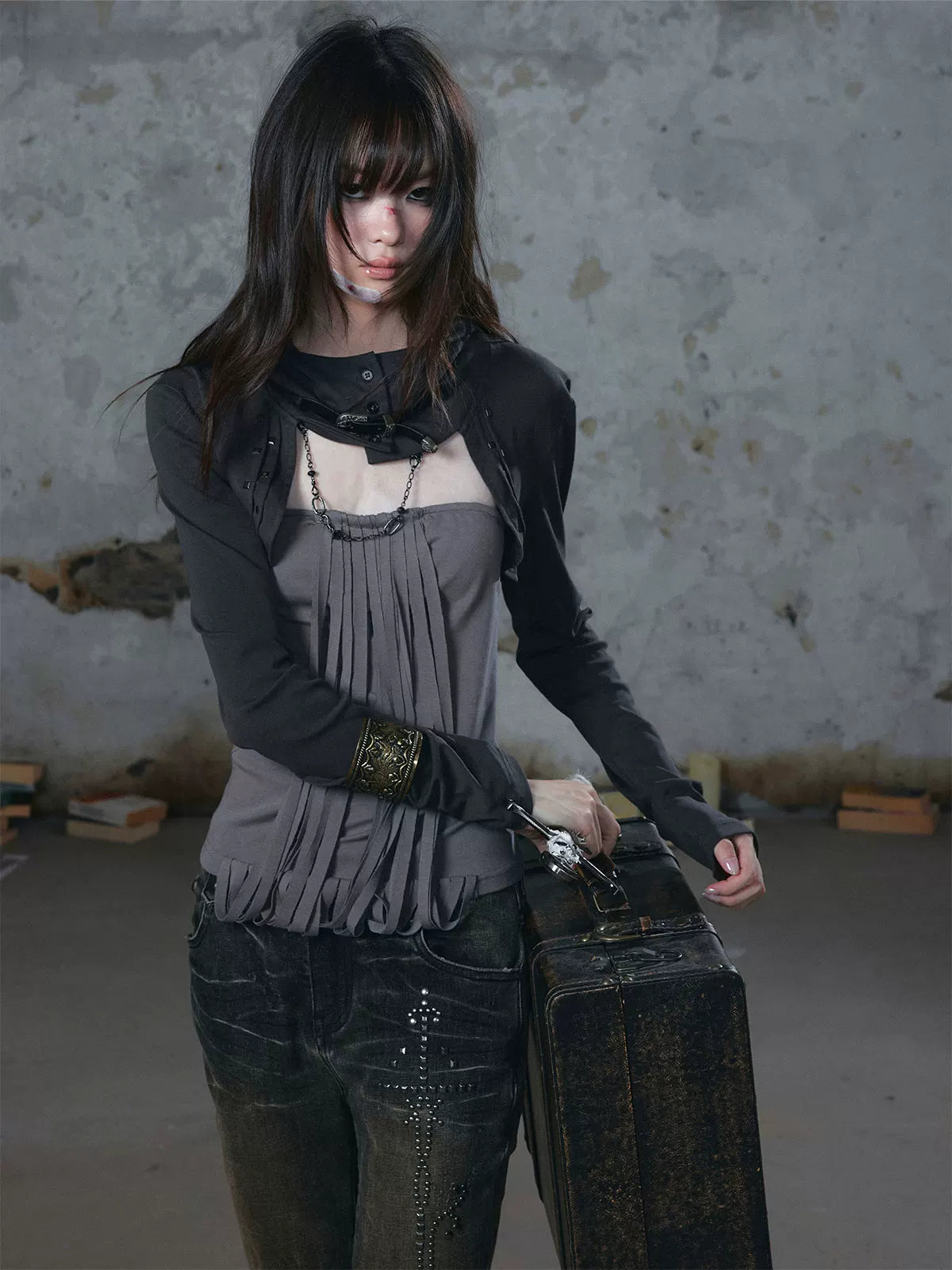 Distressed Hooded Knit Bustier Top