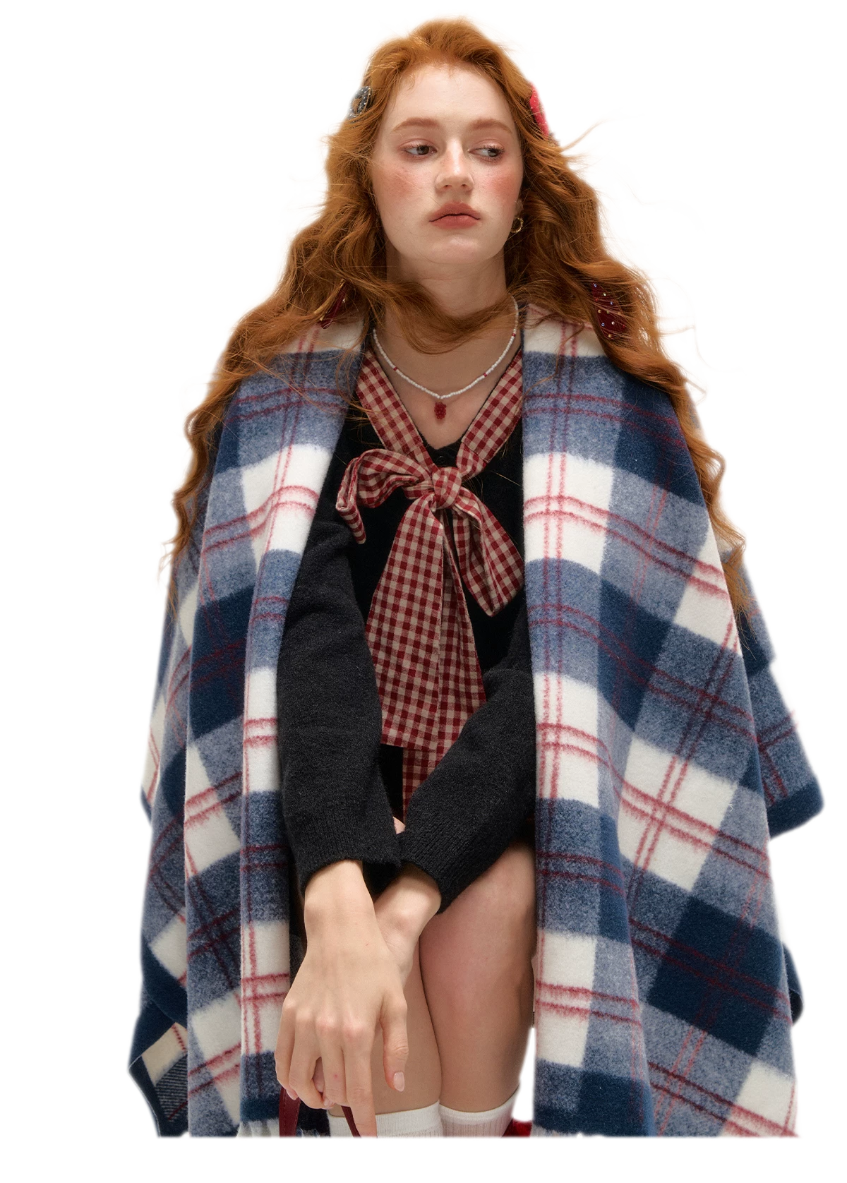 Vintage Plaid Fringed Shawl