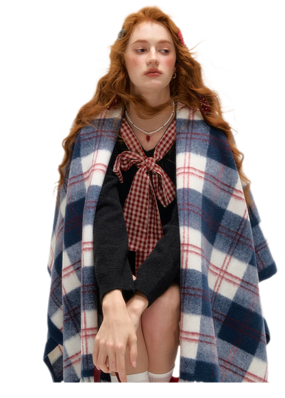 Vintage Plaid Fringed Shawl