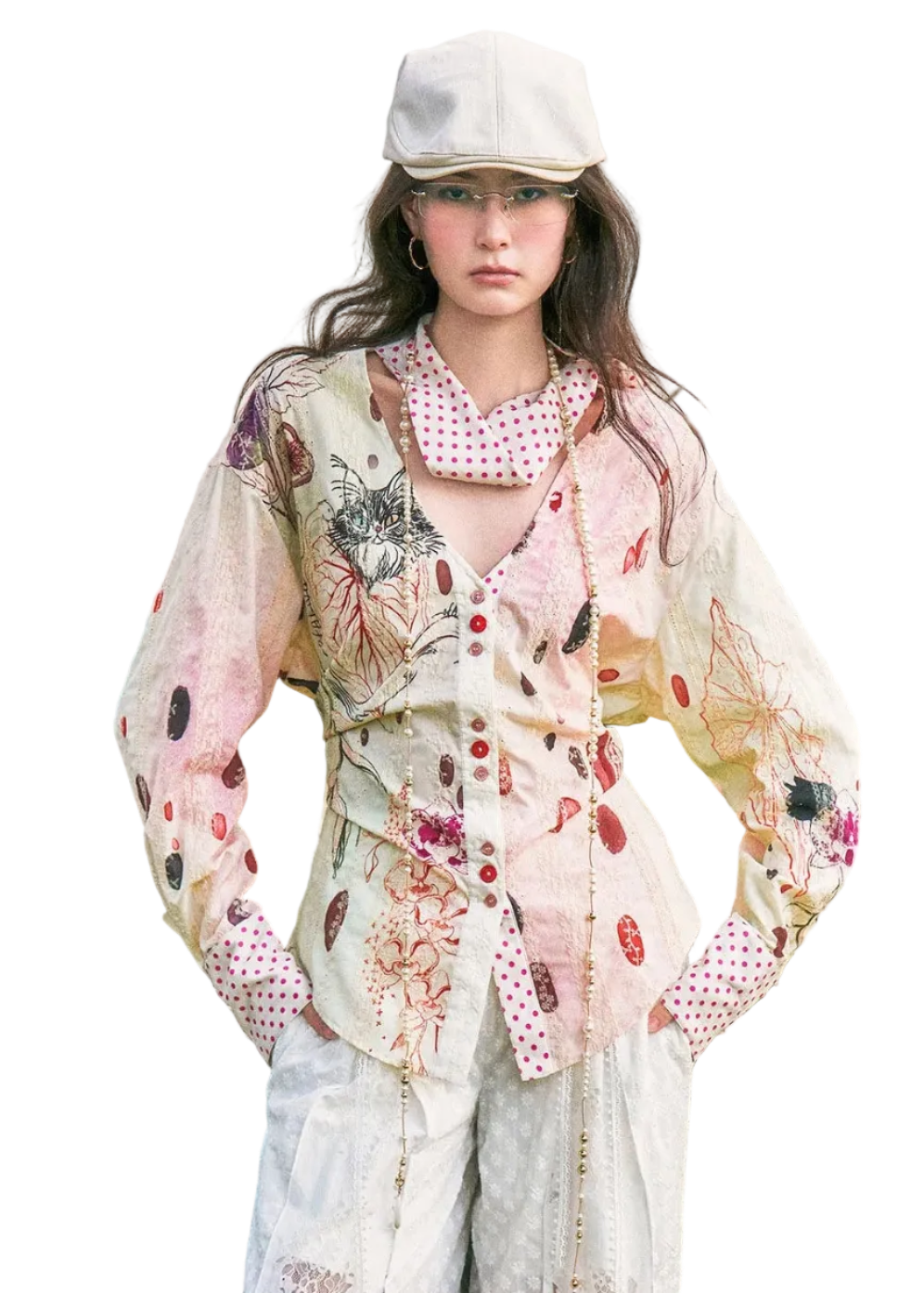 Horus Hand-Painted Watercolor Cat Print Shirt with Polka