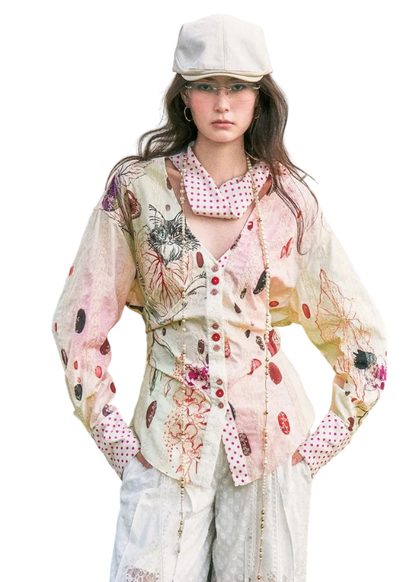 Horus Hand-Painted Watercolor Cat Print Shirt with Polka