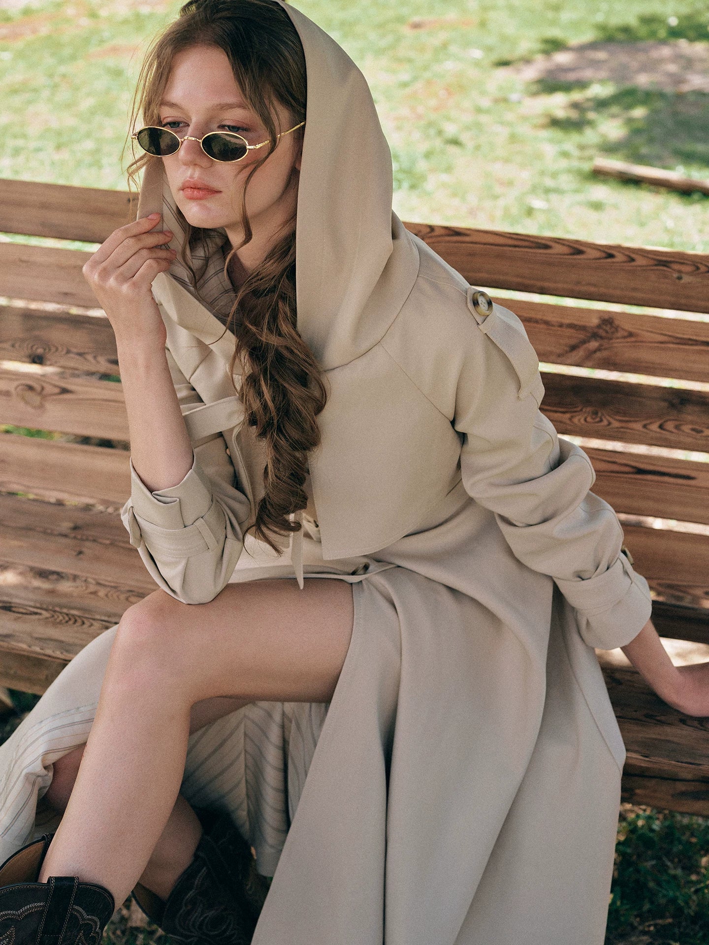 Waist-Defined Hooded Trench Coat