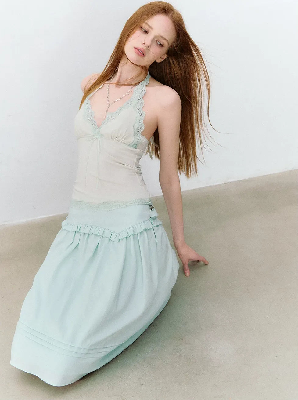 Colorblock Lace Trim Bow Tie Halter Top