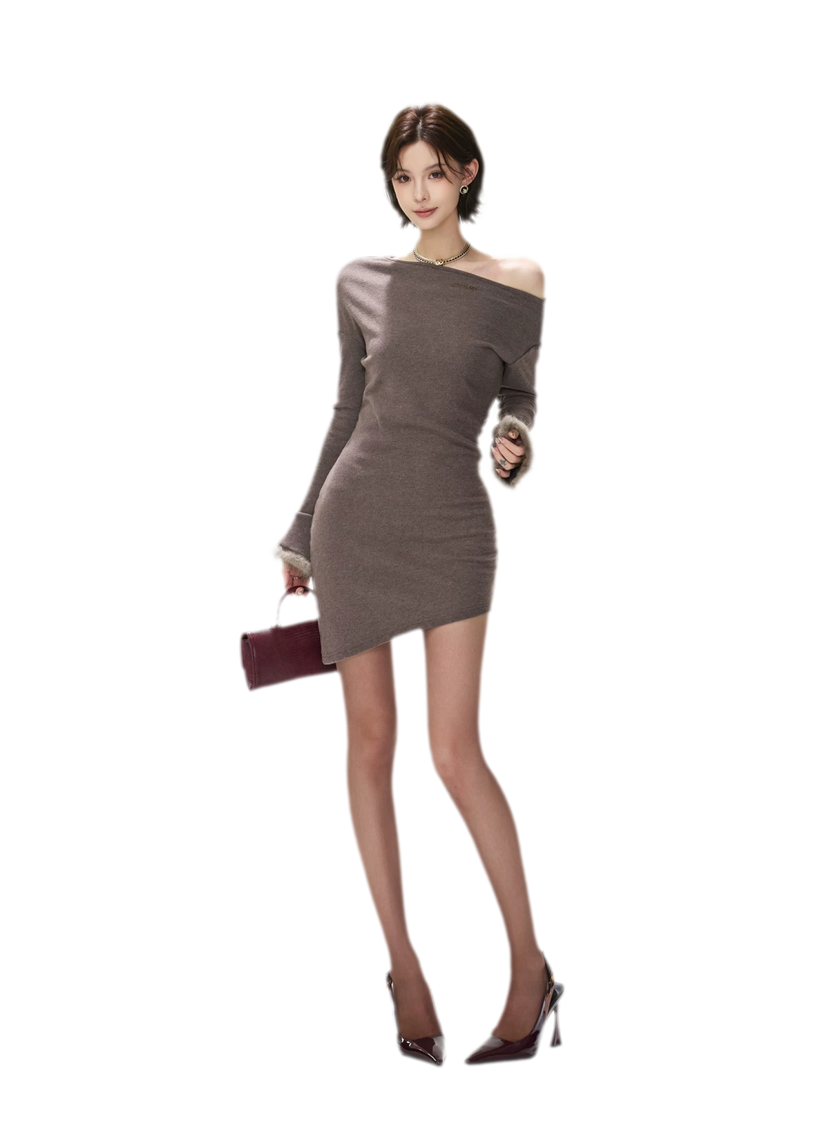 Asymmetrisches Kleid mit Fuchspelz-Bündchen