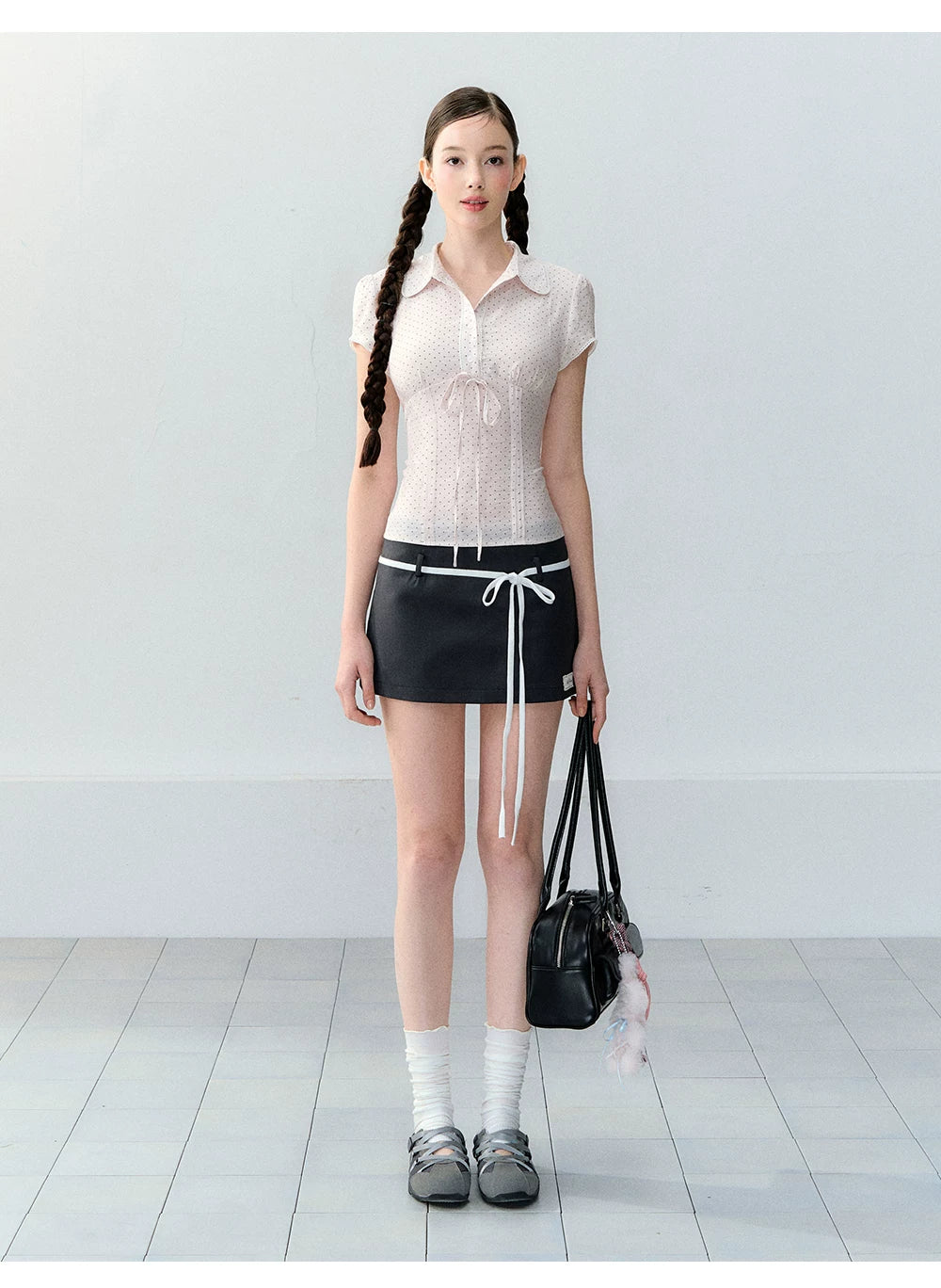 Korean Style Lyocell Waist-Tie Polka Dot Puff Sleeve