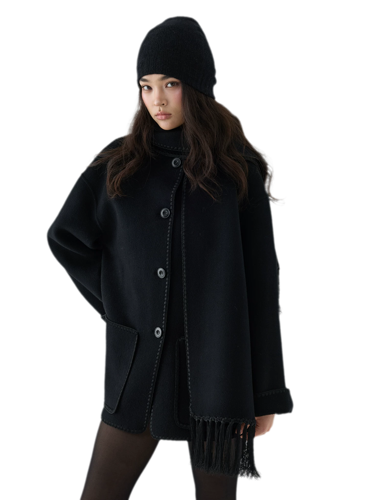 Double-Faced Wool Fringe Cape Coat